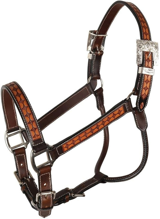 Schneiders Sunburst Ranch Western Show Halter for Horses | Hand-Tooled Leather | Semi-Custom Fit | Silver-Plated Hardware | Elegant Ranch Class Design