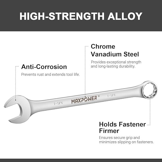 MAXPOWER 1-1/4 Inch Combination Wrench, Industrial Grade Spanners with 12 Point Box End, Durable Chrome Vanadium Steel with Off Corners Design, 15 Degree Offset - SAE