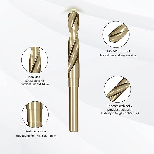Meccion Cobalt Drill Bit 11/16 Inch High Speed Steel M35 Reduced Shank Twist Drill Bit for Metal, Cast Iron, Stainless Steel, Alloy, Non-Ferrous Etc.
