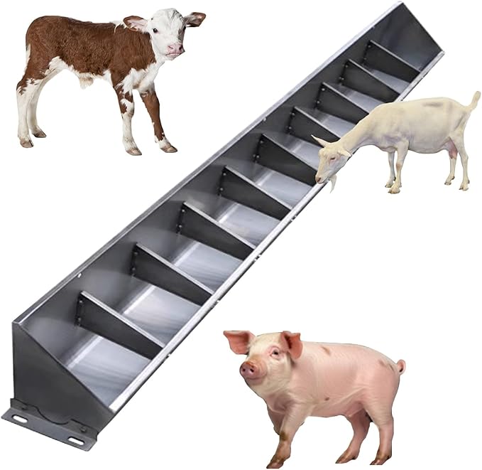 Heavy Duty Stainless Steel 2-in-1 Livestock Feed Trough for Pigs, Sheep, and Cattle - Hanging Goat Feeders with Sloped Opening, 79-inch Length, Easy Feeding Design