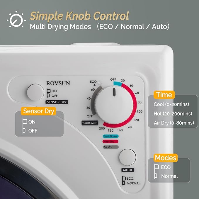 ROVSUN 2.6 Cu.Ft. Portable Dryers for Laundry, Compact Portable Clothes Dryer with Stainless Steel Tub, Dryer Machine, 110V Electric Dryer with Control Knob for Apartment, Dorm, RV, White, 1400W