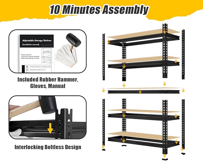 5-Tier Metal Storage Shelves: Heavy Duty Garage Shelving Adjustable Shelves for Storage - Black Utility Rack Shelf for Pantry, Warehouse, Office, Kitchen, 28" W x 12" D x 59" H, 4PCS