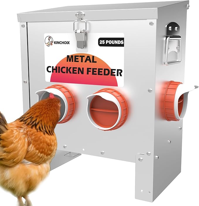 Metal Chicken Feeder Large Capacity 25lbs Automatic Metal Chicken Feeders No Waster Weatherproof Poultry Feeder for Chickens, Geese, Ducks, Turkeys (4-Port)