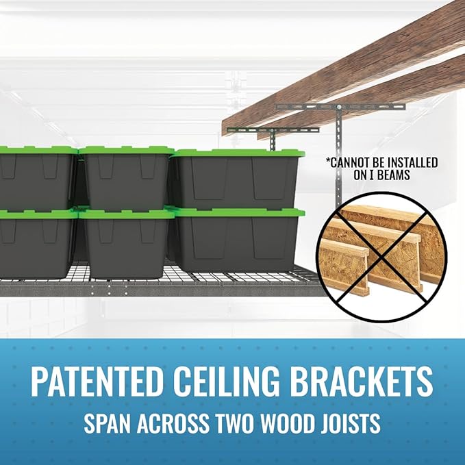 MonsterRax Overhead Garage Storage Rack - 4 x 8 Ceiling Racks for Garage Shelving, Organization, Adjustable Hanging Storage, Grey, 12"- 21" Height Adjustment