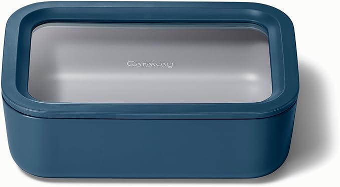Caraway Glass Food Storage - 6.6 Cup Glass Container - Ceramic Coated Food Container - Non Toxic, Non Stick Lunch Box Container with Lids - Dishwasher, Oven, & Microwave Safe - Navy