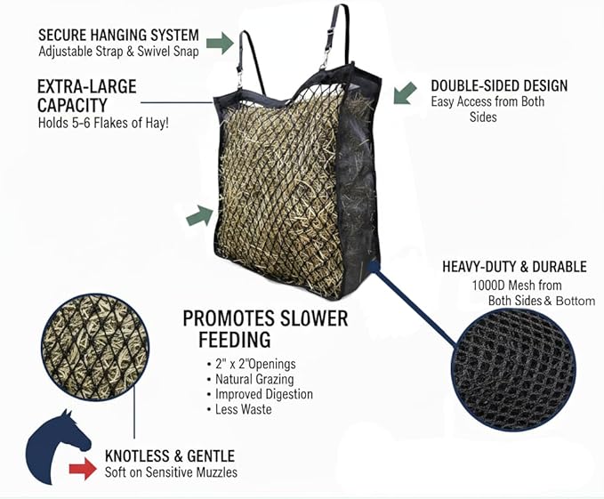 XL Double-Sided Knotless Slow Feed Hay Net – Holds 5–6 Flakes, 2"x2" Openings, Comfortable for Horse Muzzles, 1000D Mesh Side Gussets, Adjustable Hanging Strap, Durable & Safe Design