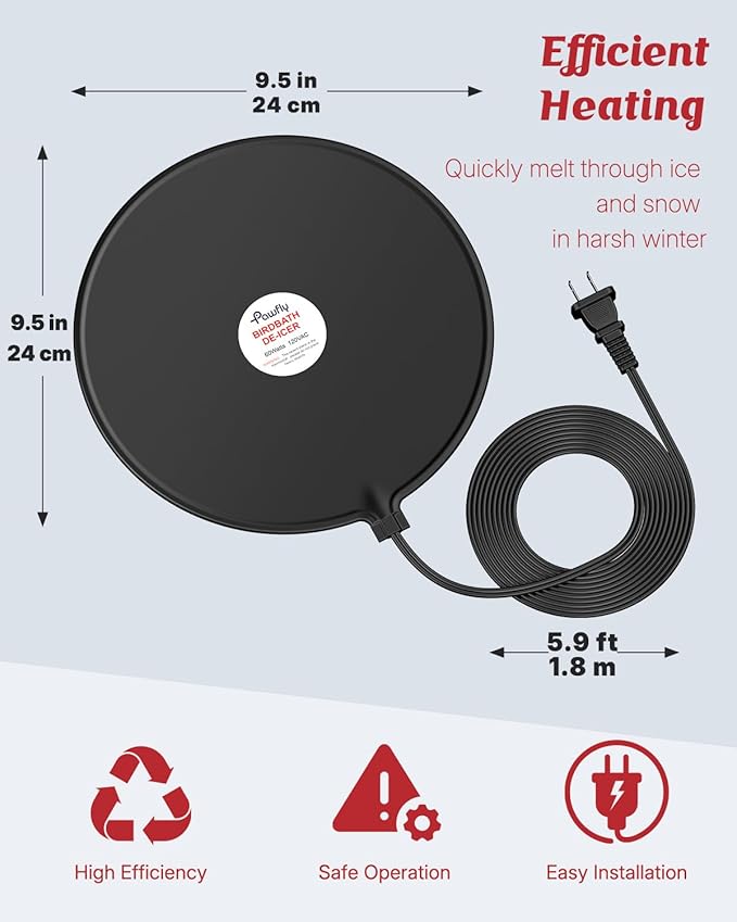 Pawfly 60 W Bird Bath Heater with Thermostat, 9.5 Inch Bird Bath De-Icer, Submersible Birdbath Deicer, Chicken Water Heater for Outdoors in Winter, Winter Water Heater for Wildlife Livestock Poultry