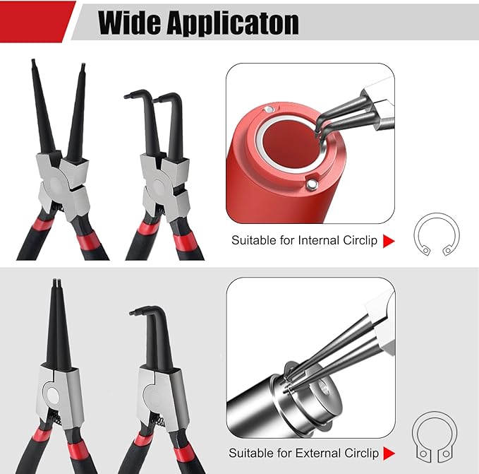 4 Pack 7" Snap Ring Pliers Set with Storage Pouch, Heavy Duty Internal/External Circlip Pliers Kit with Straight/Bent Jaw, Precision Spring Loaded Pliers for Ring Remover Retaining