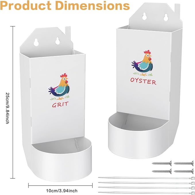 Chicken Grit and Oyster Shell Feeder,Metal Automatic Chicken Feeder,Chicken coop Accessories Poultry feeders, Suitable for Quail, Pigeons, Doves, Chicks, and Adult Chickens（2 Pcs White）
