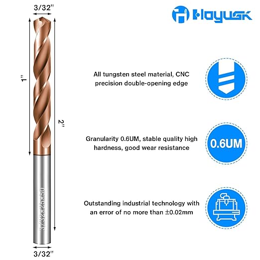Solid Carbide 3/32" Drill Bits, Tungsten Carbide Drill Bit Set with TISIN Coated, Metal Drill Bit Set for Stainless Steel Hardened Steel Cast Iron Alloy Copper, 5 Pcs