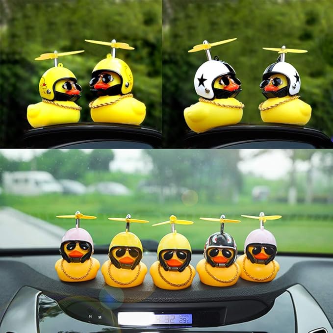 wonuu Rubber Duck Toy Car Ornaments Yellow Duck Car Dashboard Decorations Squeeze Duck Bicycle Horns with Propeller Helmet