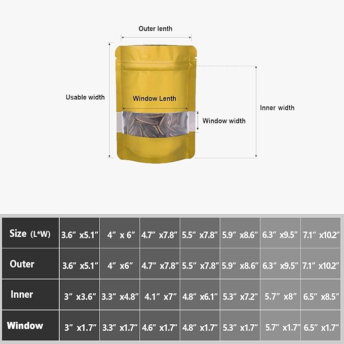 3.5"x5" 120pcs Mylar Bags for Food Storage,Smell Proof Bag with Matte Window Resealable Food Storage Bags for Small Business, Stand-up Foil Pouch Packaging Freeze Dried Candy Bag(Gold)