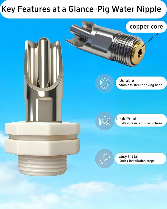 3 Pack Stainless Steel Pig Waterer Nipple Kit, Complete Set with Hole Saw & Tape, Automatic Nipple Drinker for Hogs, Goats, Rabbits, Poultry, Pig Nipple Waterer for Barrel Kit, Rabbit Watering System