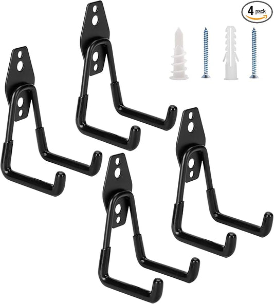 4 Pack Garage Hooks Heavy Duty - Supports 100 lbs, Utility Steel Garage Hanger & Organizer for Organizing Garden Lawn Tools, Ladders, Garden Hose, Digging Shovel, Bikes, Ropes