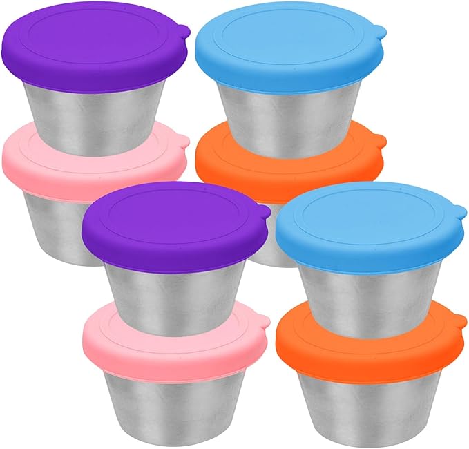 ABOOFAN 8pcs Salad Dressing Containers with Silicone Lids Leakproof Small Sauce Containers Reusable Stainless Steel Sauce Cups for Lunch Box Picnic And Travel