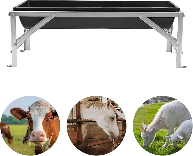 Livestock Feed Trough, 39 Inch Long Feeding Trough with Stand, 9.25 Gallon Capacity Heavy Duty Feeder, Feeding Tool for Goats Sheep Deer Pigs (Black)