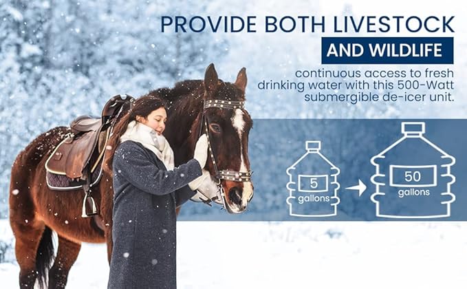 Upgraded 500-Watt Chicken Water Heater - Submergible Cast Aluminum Utility De-Icer with Black Teflon Coating for Livestock Tanks, Winter Bird Bath, and Mineral Buildup Resistance