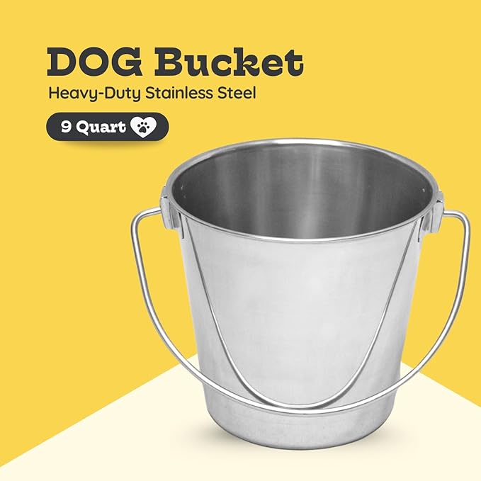 9 quart Heavy Duty Stainless Steel Round Bucket with Handle | 2.25 gal Sturdy Food & Water Bowl for XL Dog Goat sheep Horse & Livestock | Fits kennel Crate Farm | Hanging Utility Pet Pail