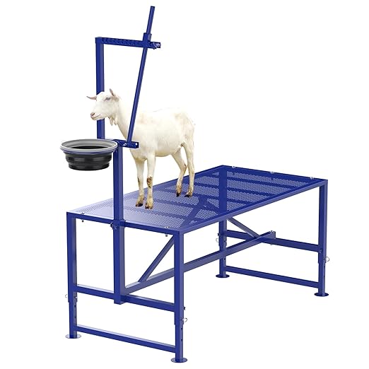 Goat Milking Stand with Feeder, Goat Stand for Trimming Hooves, with Adjustable Head Piece and Legs, Metal Blue Use for Livestock，400 Lbs for Small Sheep and Goat