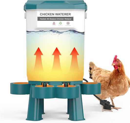 Heated Chicken Waterer, Plastic Chicken Water Heater, Anti-Freeze Heated Poultry Drinker with 4 Cups, Winter and Summer Dual-use, Poultry Water Heater for Chickens, Ducks, Geese - Green 7L