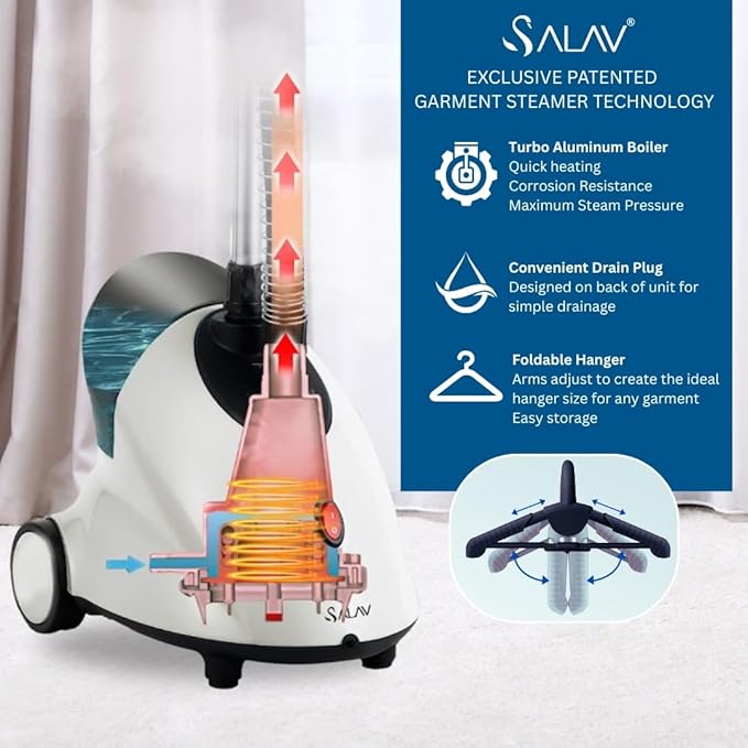 SALAV GS18-DJ Standing Garment Steamer with Smart Auto-Off, Wheels for Easy Movement, 1.8L Water Tank for 1hr Continuous Steaming, Adjustable Pole for Storage, with Descaler Packet, 1500 watts