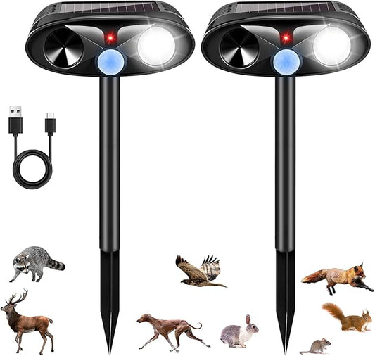 Upgraded Solar Animal Repellent Outdoor Deer Repellent Devices Cat Deterrent with Motion Sensor & Flashing Light,Ultrasonic Control for Squirrel Raccoon Dog Rabbit Skunk for Yard Garden, 2 Pack Black