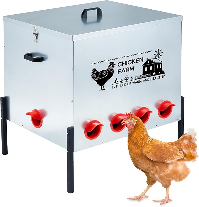 Automatic Chicken Feeder Box 100 lbs, 10 Feeding Ports, No Waste Poultry Feeder with Locking Lid and Adjustable Legs for Chickens, Ducks, Geese Galvanized Metal (100 Lbs-10 Ports)