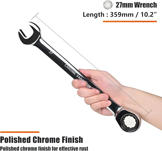 Egofine 27mm Ratcheting Combination Wrench Metric, Industrial Grade Gear Spanner with 12-Point Design, 72-Tooth Ratchet, Chrome Vanadium Steel