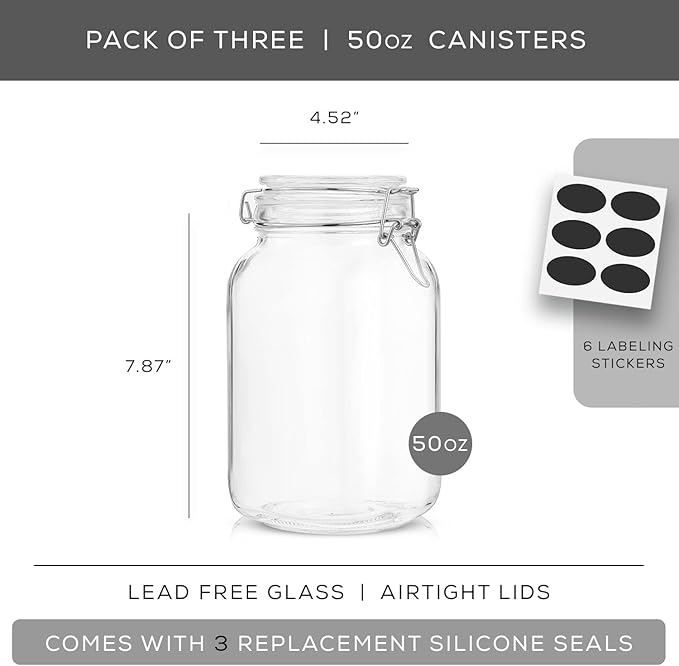 JoyJolt Airtight Glass Jars with Lids Set of 3. 50oz Glass Jar with Lid and 6 Silicone Seals! Med Glass Food Storage Containers. Square Mason Jar, Flour Jar, Candy or Cookie Jars for Kitchen Counter