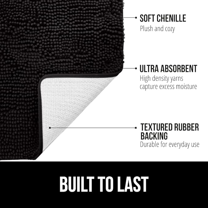 GORILLA GRIP Bath Rug Mat, Thick Soft Absorbent Chenille, Quick Dry Microfiber Mats, Rubber Backing Washable Shower Floor Rugs, Bathmat Runner, US Designed Bathroom Home Decor Accessories 24x17, Black