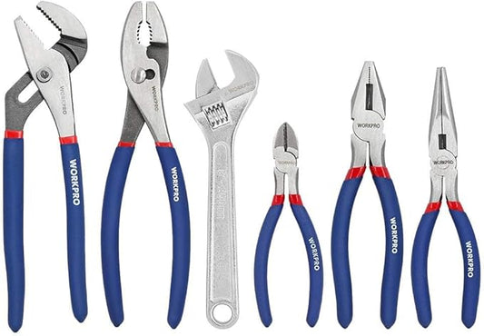 WORKPRO Large Pliers & Wrench Set 6-Piece (10" Water Pump, 10" Slip Joint, 8" Long Nose, 8" Linesman, 6" Diagonal, 8" Adjustable Wrench) for DIY & Home Use, W001329A