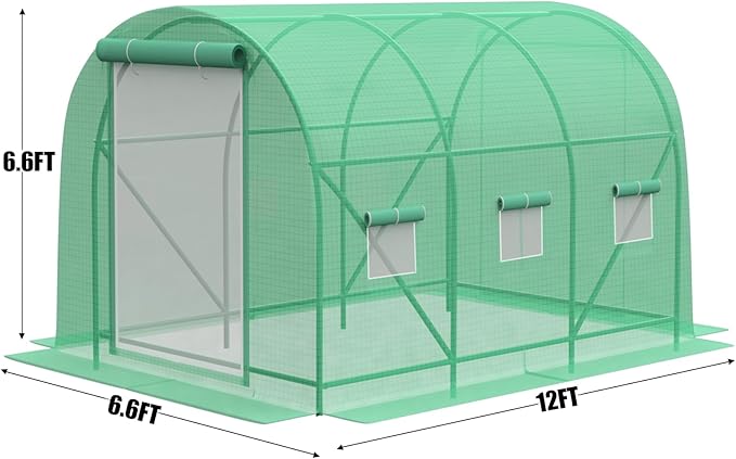 Greenhouse with Watering System, 12x7x7 Outdoor Greenhouse with 6 Mesh Windows and 1 Door, Easy Water and Irrigate Plants Green House (Green, 12x7x7 ft w/ Irrigation System)