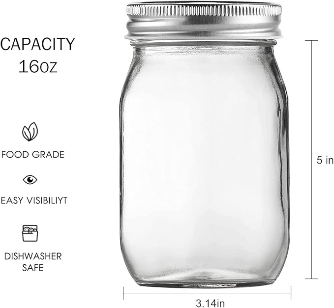 BEWAVE Glass Mason Jars, 16oz Clear Glass Jars with Lids for Sealing, Regular Mouth Canning Jars for Food Storage, Snacks, Candies, DIY Projects, 4 Pack