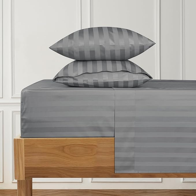 URBANHUT 1000 Thread Count Egyptian Cotton Sheets Damask Striped Full Size, Long Staple Soft & Breathable, 4 Pc Bed Sheet Sets, Luxury Hotel Sateen Sheets Fits 16" Deep Pocket - Dark Grey