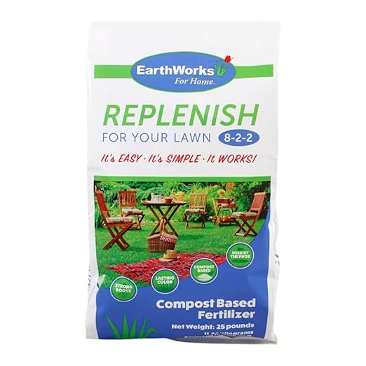 EarthWorks EW4H Replenish Lawn Fertilizer, Organic Compost Grass Food, Deep Root Turf Booster, Year-Round Green, Soil-Building Formula for All Seasons, 25 lbs