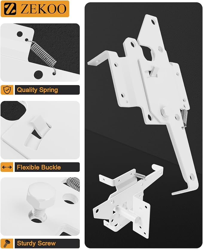 ZEKOO Stainless Steel Vinyl Fence Gate kit, Self Closing Gate Hinges and Latch, Rust Proof, Use for Vinyl Fence Gate and Wood Fences Gate, Heavy Duty 1 Gate Latch 2 Gate Hinges (White)