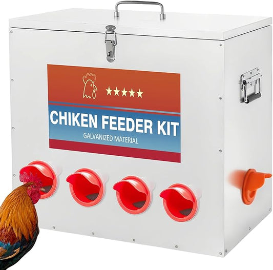 Automatic Chicken Feeder Large Capacity 85lbs Metal Chicken Feeder with Latch & Handle for Chickens, Geese, Ducks, Turkeys, Quails, Weatherproof (10-Port)