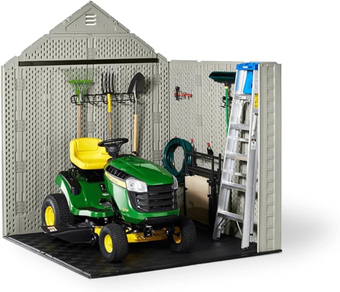 Rubbermaid 7 Foot by 7 Foot Weatherproof Outdoor Storage Shed for Garden Tools and Lawn Machinery Organization with Lockable Double Door Sandstone
