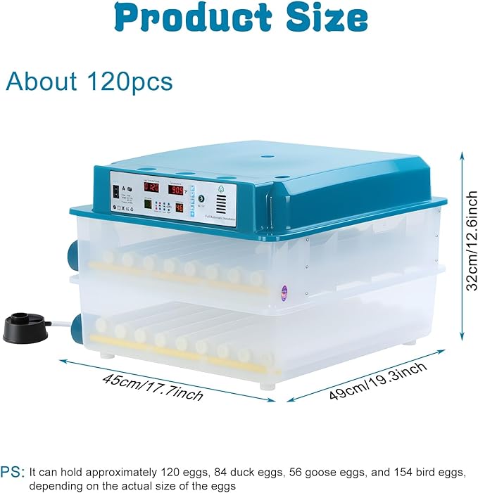 Automatic Incubators for Hatching Eggs, 120 Eggs Smart Incubation Machine with Automatic Temperature and Humidity Control, Poultry Hatcher with Egg Turning for Chickens Ducks Birds Blue