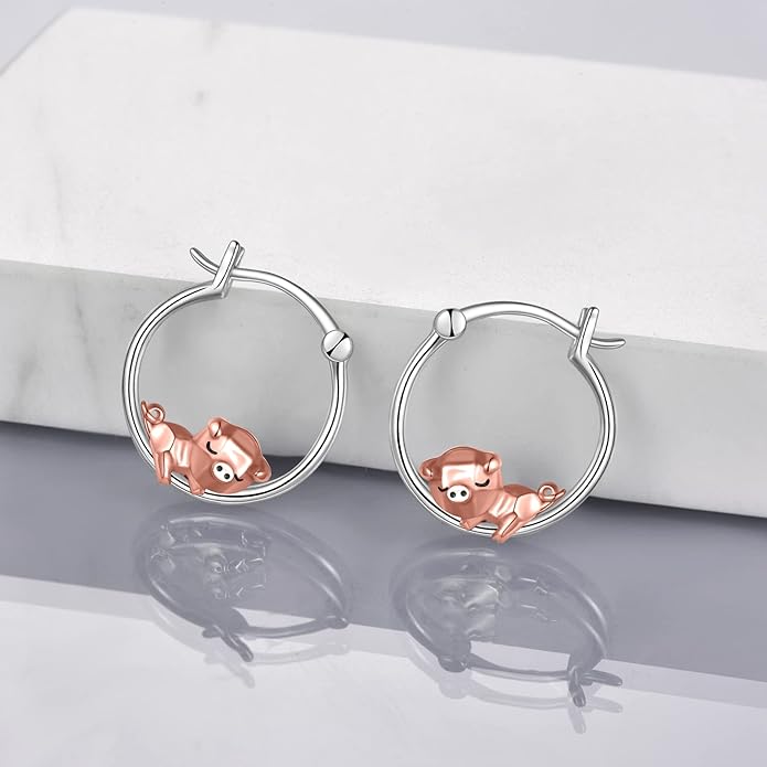 Fox/Pig/Mushroom/Cat Earrings Sterling Silver Cute Hoop Earrings Animal Jewelry Gifts for Women Daughter