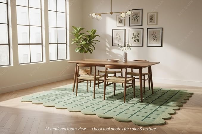 Mint Green Scalloped Edge Wool Area Rug with Checker Grid Design, Hand-Tufted Soft Carpet for Living Room, Bedroom, Nursery, Kids & Playroom Décor - 6x6 Ft (Square)