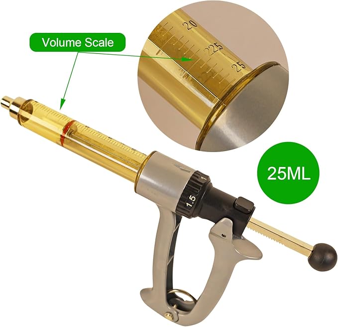 25ML Semi Automatic Livestock Syringe, 5 Gears Adjustable Continuous Repeating Syringe for Farm Ranch Cattle Cow Horse Goat Sheep Hog