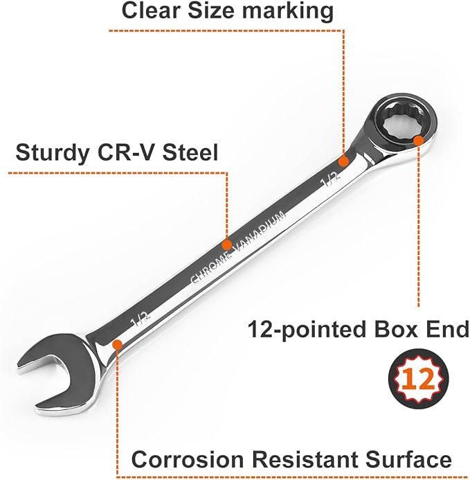 Egofine 1/2 inch Ratcheting Combination Wrench SAE, Industrial Grade Gear Spanner with 12-Point Design, 72-Tooth Ratchet, Chrome Vanadium Steel