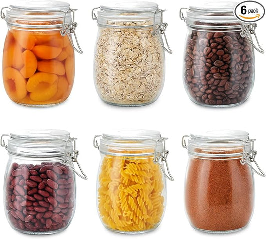 25oz Airtight Glass Jars with Lids, Set of 6 Food Storage Containers & Canisters, Clear Mason Jars with Clamp Seal for Canning, Cereal, Coffee, Pasta, Sugar, Beans & Spices
