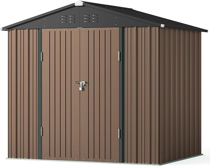 Gizoon Outdoor Storage Shed 8 x 6 FT, Galvanized Metal Garden Shed with Double Lockable Doors, Outdoor Storage Clearance for Backyard Patio Lawn-Light Brown