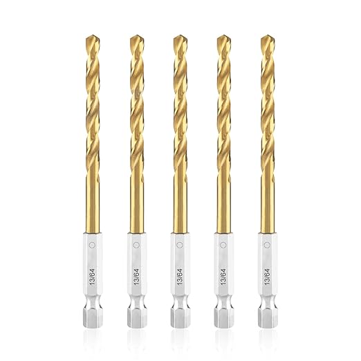 amoolo 13/64 Twist Drill Bit Set, 5Pcs Titanium HSS Hex Shank Impact Drill Bit Set for Metal, Steel, Wood, Plastic, Quick Change Design