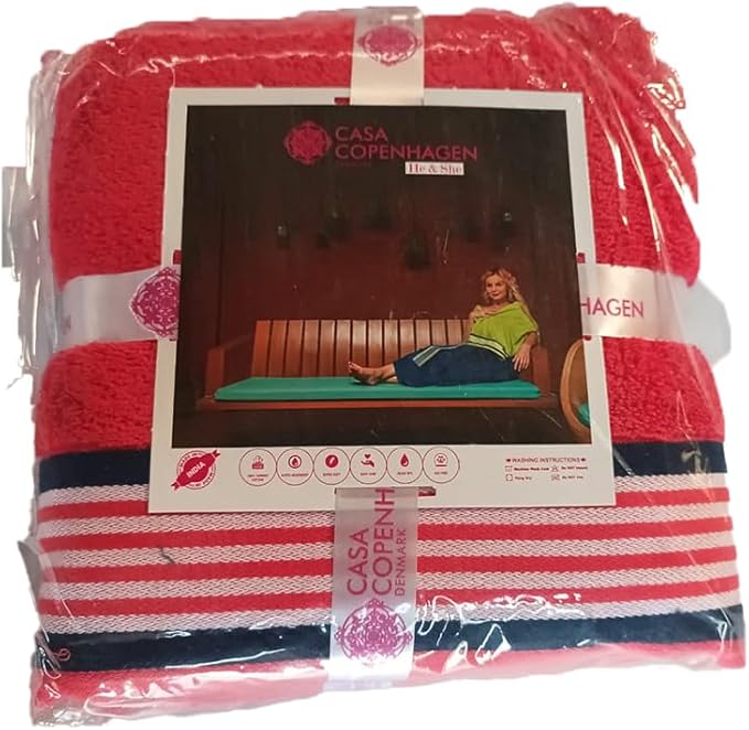CASA COPENHAGEN He & She 6 Pieces Towel Set- American Blue + Red, 550 GSM 2 Bath Towel 2 Hand Towel 2 Washcloth, Designed in Denmark Made of Soft Egyptian Cotton for Bathroom, Kitchen & Shower