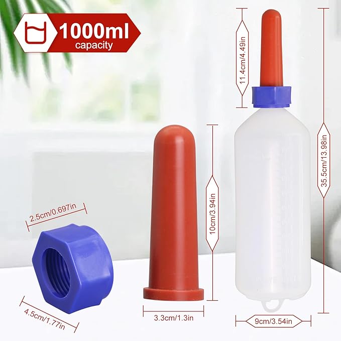 1L Calf Milk Feeder Bottle with Screw-On Cap, Nipple & Replacement Nipple, Multi-Purpose Hanging Bottle for Calves, Sheep, Goats, Cows