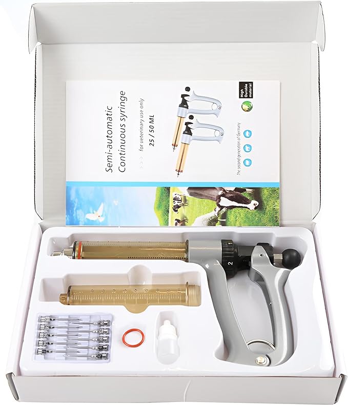 50ML Livestock Syringe Gun, 5 Gears Adjustable Continuous Repeating Luer Lock Syringe with 10 Needles, for Chickens, Ducks, Goose, Pig Bull Sheep, Large And Small Animals