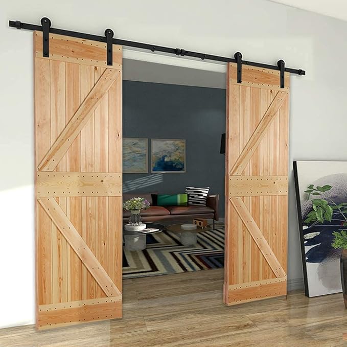 CCJH 5FT Sliding Barn Door Hardware Kit, Heavy Duty, Smoothly and Quietly, Easy to Install, Fit 15" Width Double Door Panel, Flat Style Black